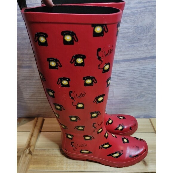 Anthropologie "Colloquial Rain Boots" in Call Me, Red, Telephone Print - Picture 10 of 11